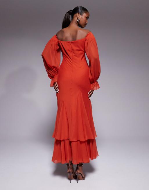 ASOS DESIGN – Bardot-Maxikleid in Rot mit Rüschen, gestuften Godet-Details und Blousonärmeln, 4 von 4
