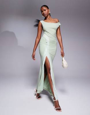 ASOS DESIGN - Bardot-Maxikleid in Salbeigrün mit seitlichem Spitzenbesatz und Schlitz-Blau
