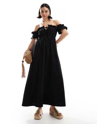 ASOS DESIGN – Bardot-Maxikleid in Schwarz mit Lochstickerei und Rüschen - view 1
