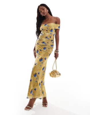 bardot mesh drape midi dress in blurred yellow floral print-Multi