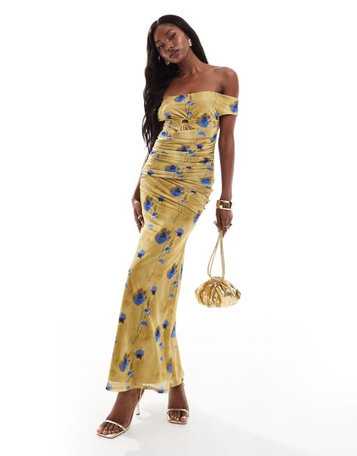 ASOS Design Bardot Mesh Drape Midi Dress in Blurred Yellow Floral print Multi