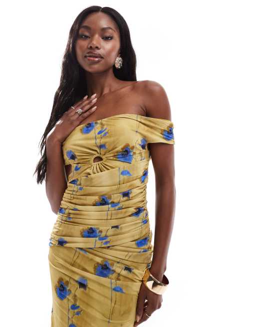 ASOS DESIGN bardot mesh drape midi dress in blurred yellow floral print ASOS