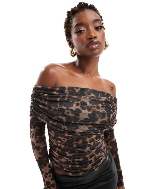 Long sleeve mesh store leopard print top