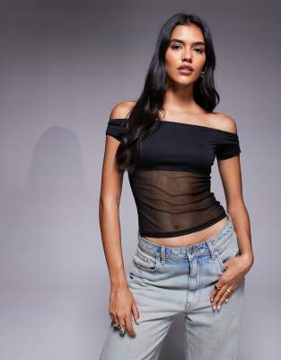 Asos Design Bardot Mesh Mix Panel Top In Black