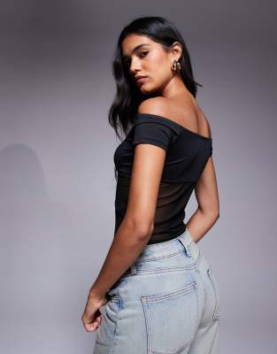 Asos Design Bardot Mesh Mix Panel Top In Black