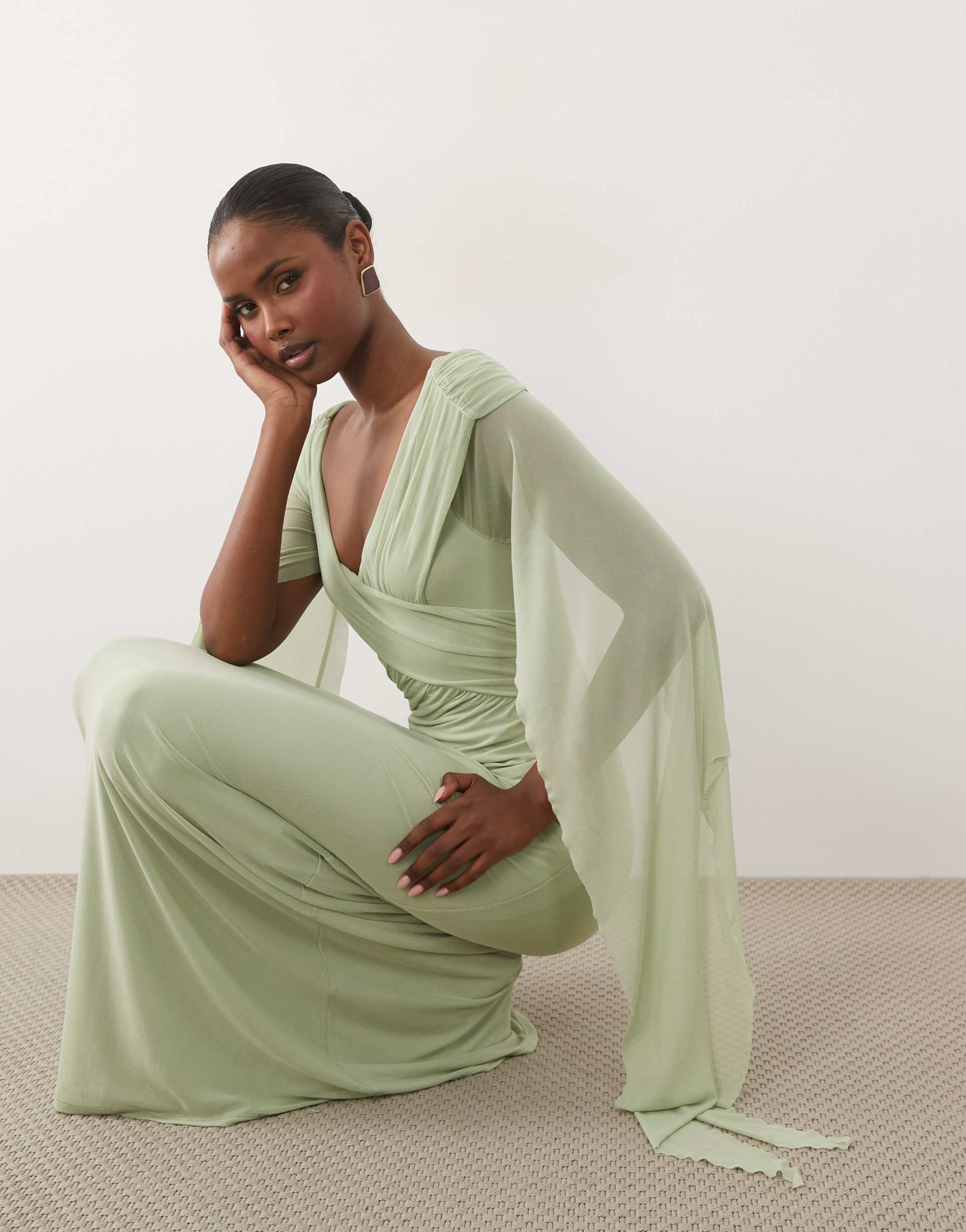 asos design bardot mesh ruched maxi dress with sash detail in sage