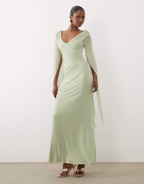 sage green wedding guest dress with sleeves High Low Sage Long Wrap Dress, Bridesmaid Dress, Cocktail Dress Whether you are dressing it for a wedding party Sage Green Winter Wedding Guest