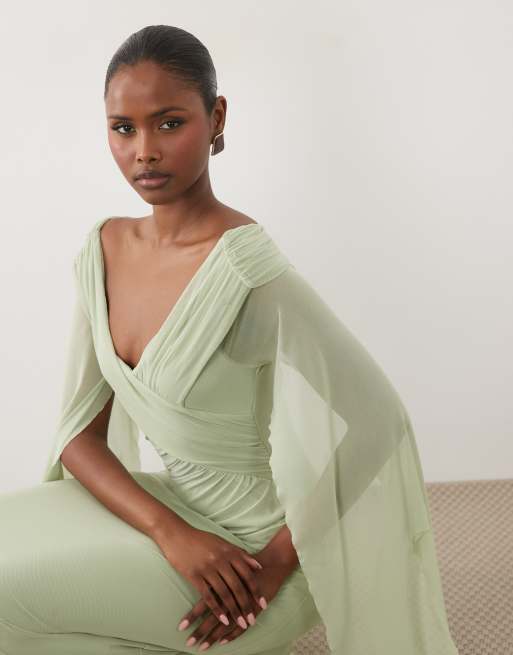 ASOS DESIGN bardot mesh ruched maxi dress with sash detail in sage, 4 of 4