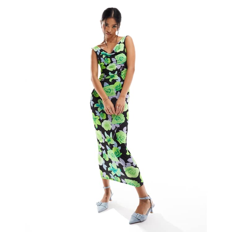 ASOS DESIGN bardot midi dress in bright green floral print | ASOS