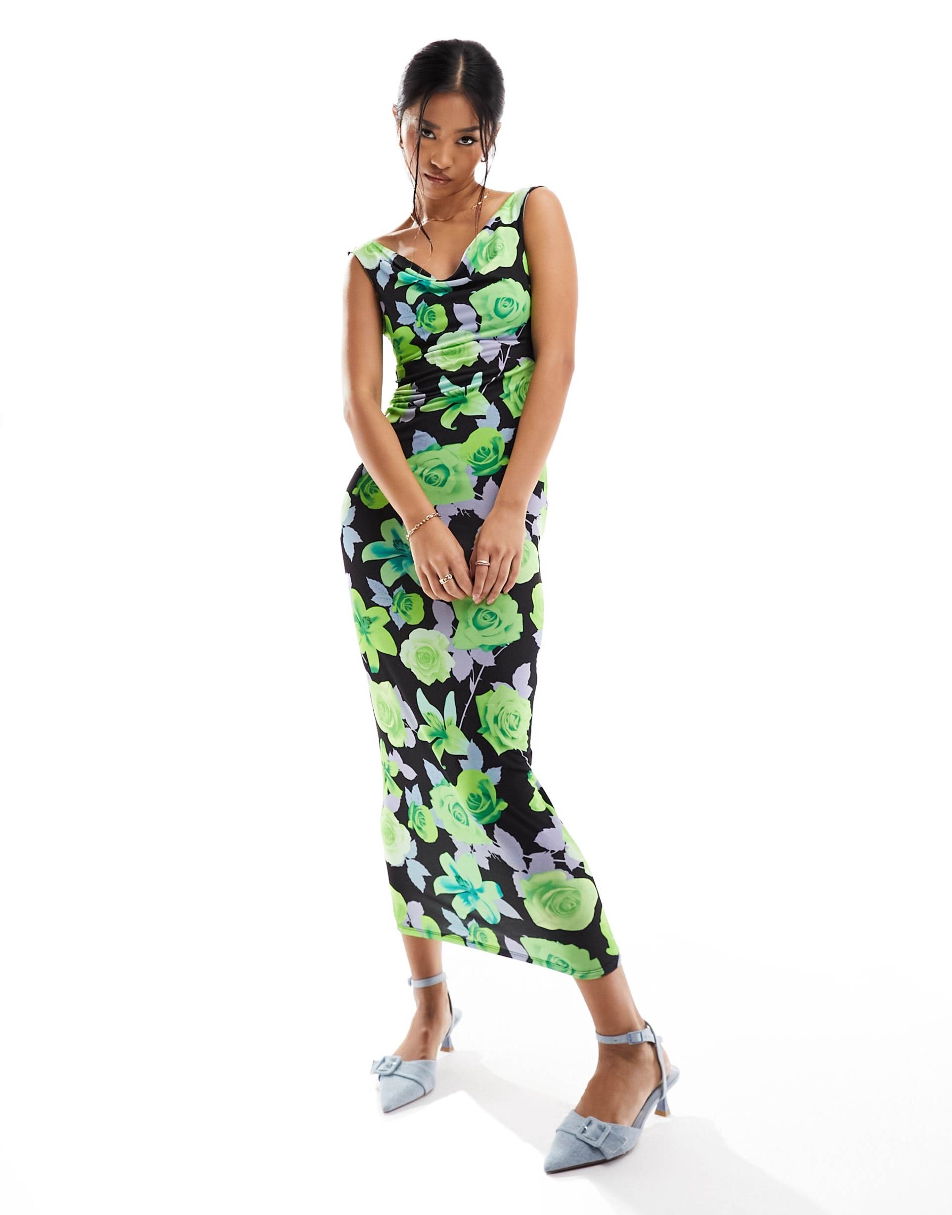 asos design bardot midi dress in bright green floral print