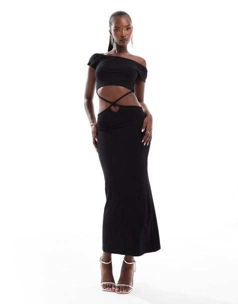 ASOS DESIGN bardot midi dress with cross strap detailing and back tie in black - view 1