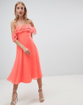 ASOS DESIGN bardot midi dress with embellished frill top | ASOS