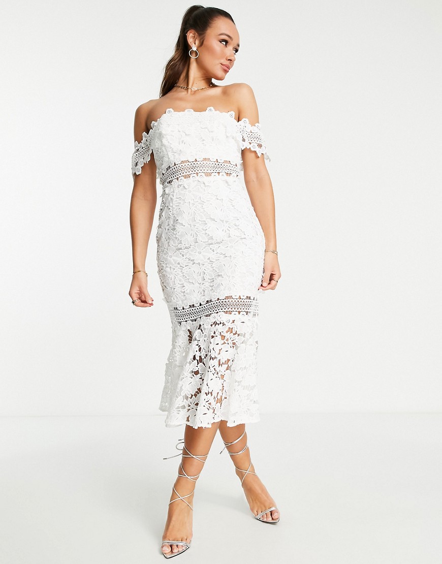 Asos Design Bardot Midi Dress With Pep Hem In Guipure Lace-white