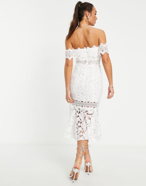 Buy Missguided Lace Bardot Midi Dress - White