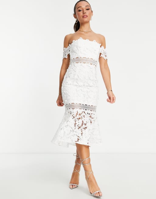 White bardot lace outlet frill hem midi dress