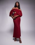 [ASOS DESIGN] ASOS DESIGN bardot midi dress with sheer drape sleeve detail in burgundy in scuba-style fabric-Red 14 Burgundy