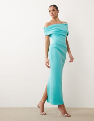 Asos Design Bardot Midi Dress With Split In Blue