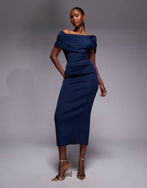 ASOS DESIGN ruched bardot midi dress in navy scuba-style fabric