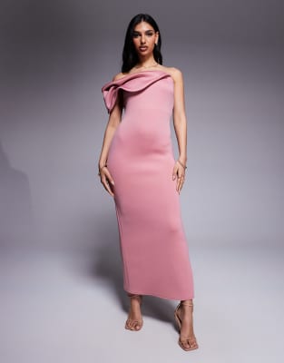 ASOS DESIGN bardot midi dress with twisted strap in dusty rose in scuba-style fabric-Pink
