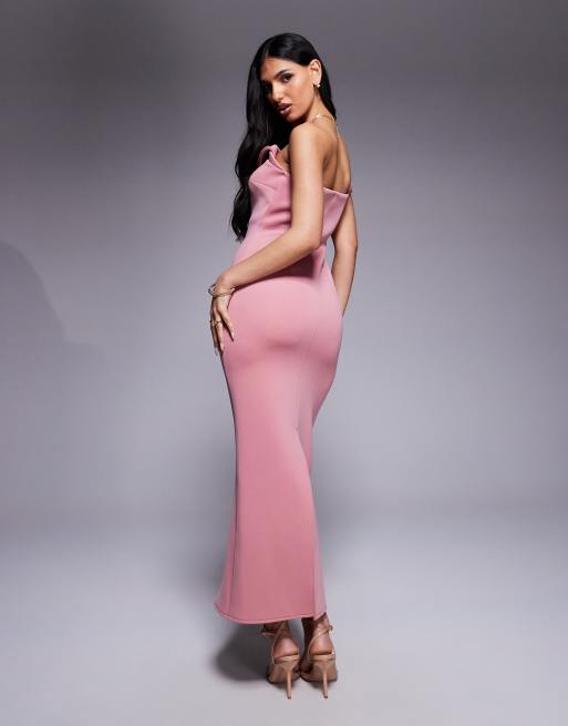 ASOS DESIGN bardot midi dress with twisted strap in dusty rose in scuba-style fabric, 2 of 4