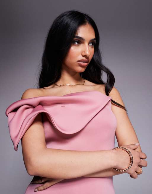 ASOS DESIGN bardot midi dress with twisted strap in dusty rose in scuba-style fabric, 3 of 4