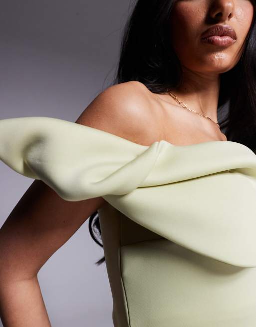 ASOS DESIGN bardot midi dress with twisted strap in pastel green in scuba-style fabric, 3 of 4