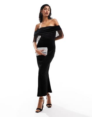 ASOS Design - Bardot-Midikleid in Schwarz aus Samt mit drapiertem Oberteil und Fransenbesatz