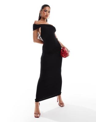 ASOS DESIGN - Bardot-Midikleid in Schwarz mit Riemchen auf der Rückseite