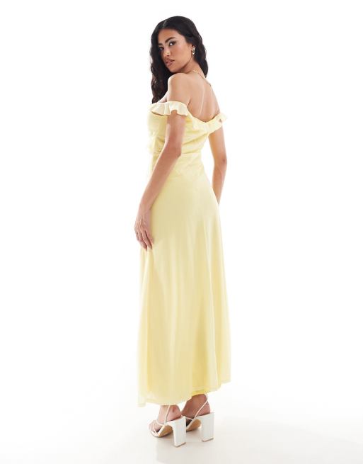 ASOS DESIGN – Bardot-Midikleid in Zitronengelb mit Rüschen und Schnürdetail, 4 von 4
