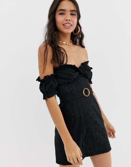 Asos design bardot mini broderie sundress with faux store tortoiseshell belt