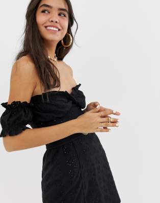 asos design bardot mini broderie sundress with faux tortoiseshell belt