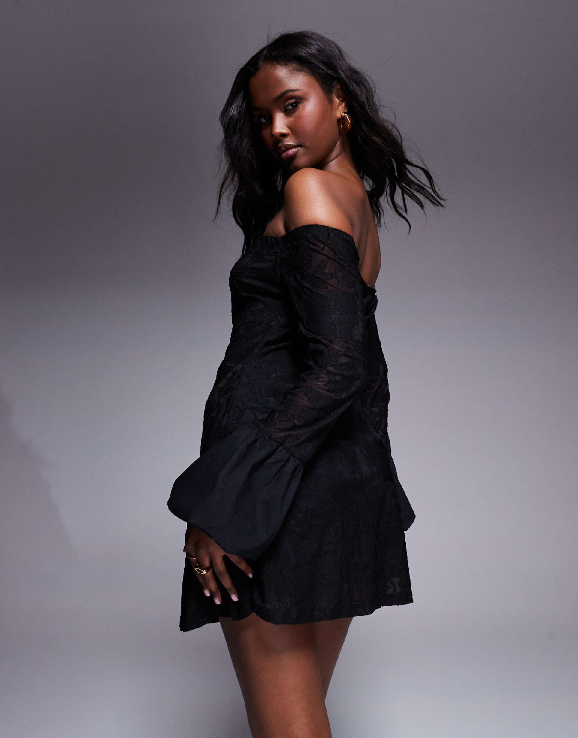asos design bardot mini dress in devore with contrast puff cuff sleeves in black