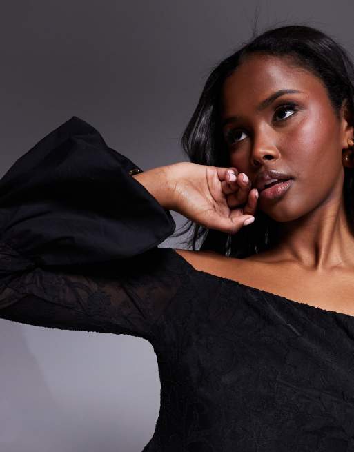ASOS DESIGN bardot mini dress in devore with contrast puff cuff sleeves in black, 3 of 4