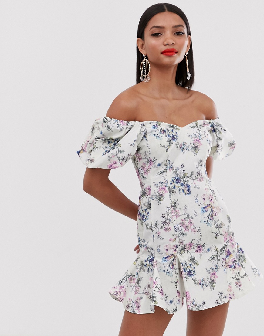 ASOS DESIGN bardot mini dress in structured ottoman in floral print-Multi