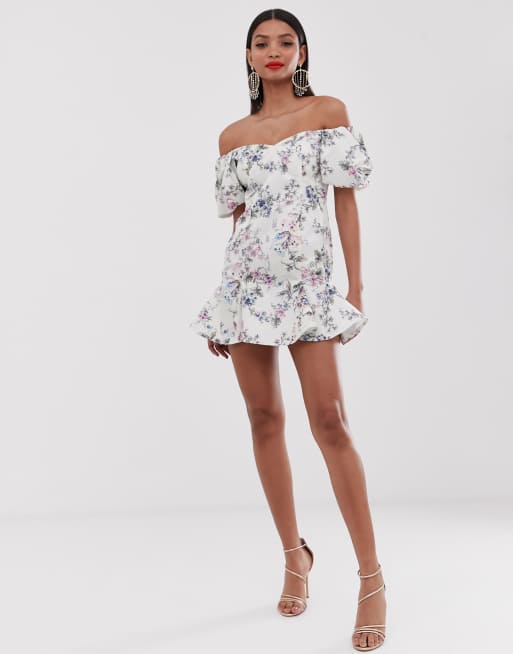 Floral bardot mini hot sale dress