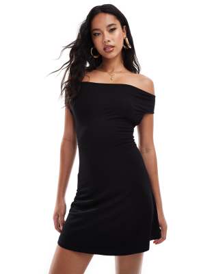 Asos Design Bardot Mini Dress With Flippy Skirt And Cut Out Back In Black