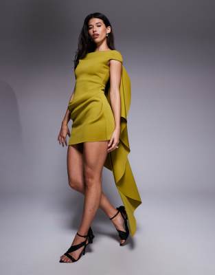 Asos Design Bardot Mini Dress With Train Detailing In Green