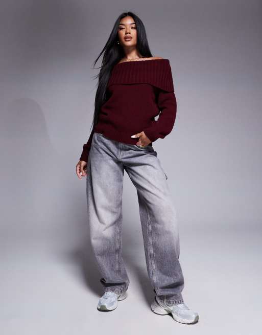 ASOS DESIGN bardot off shoulder jumper in burgundy