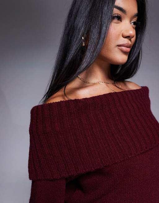 ASOS DESIGN bardot off shoulder jumper in burgundy