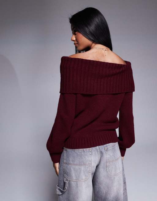 ASOS DESIGN bardot off shoulder jumper in burgundy