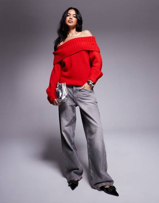 ASOS DESIGN bardot off shoulder jumper in red