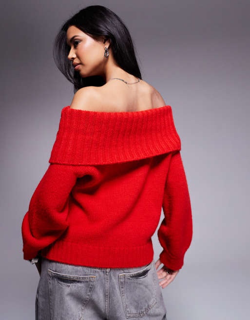 ASOS DESIGN bardot off shoulder jumper in red