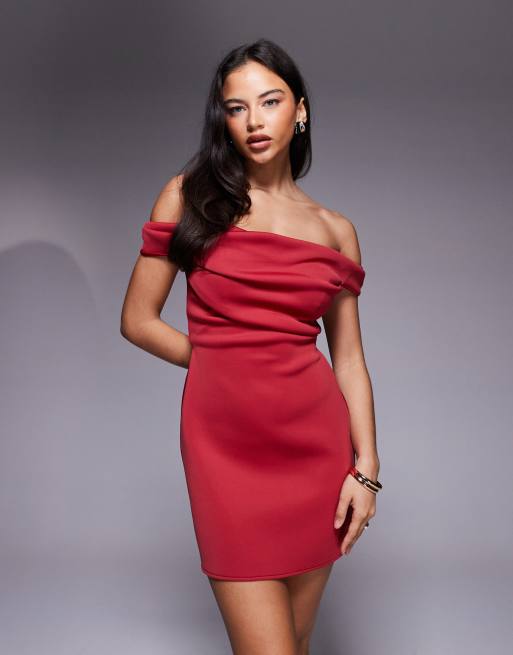 ASOS DESIGN bardot off shoulder mini dress in dark red in a scuba-style fabric, 2 of 4