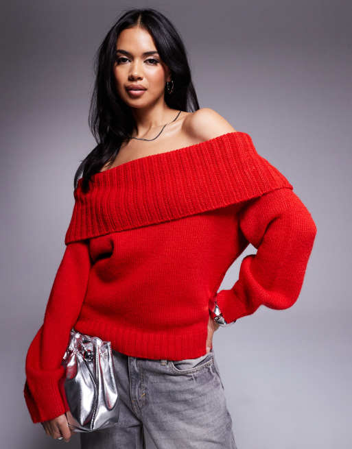 ASOS DESIGN bardot off shoulder sweater in red