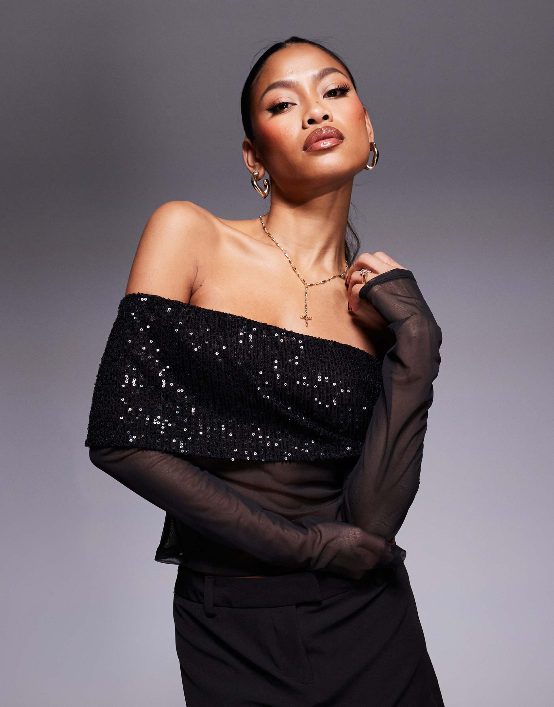 asos design bardot off the shoulder sequin top in black
