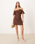 [ASOS DESIGN] ASOS DESIGN bardot puff ball mini dress in brown S BROWN