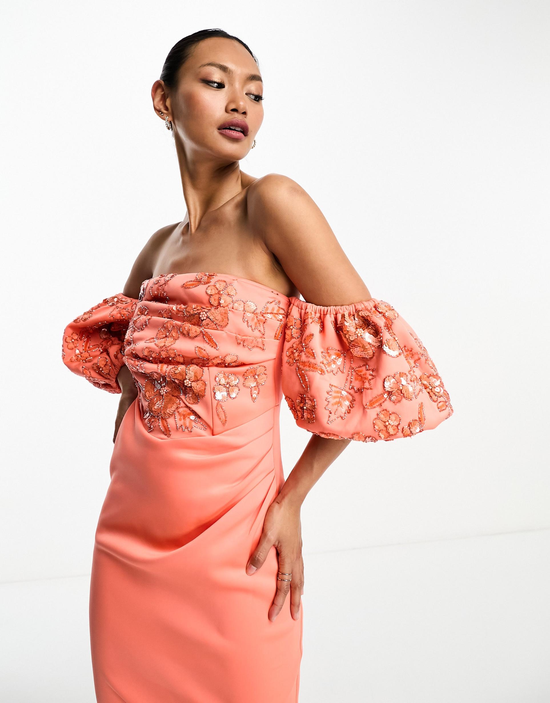 asos design bardot puff sleeve midi dress with floral sequin embellishment in coral