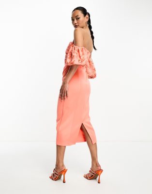 ASOS DESIGN bardot puff sleeve midi dress with floral sequin embellishment  in coral