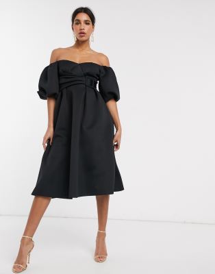 bardot puff sleeve midi prom dress with belt detail ASOS DESIGN