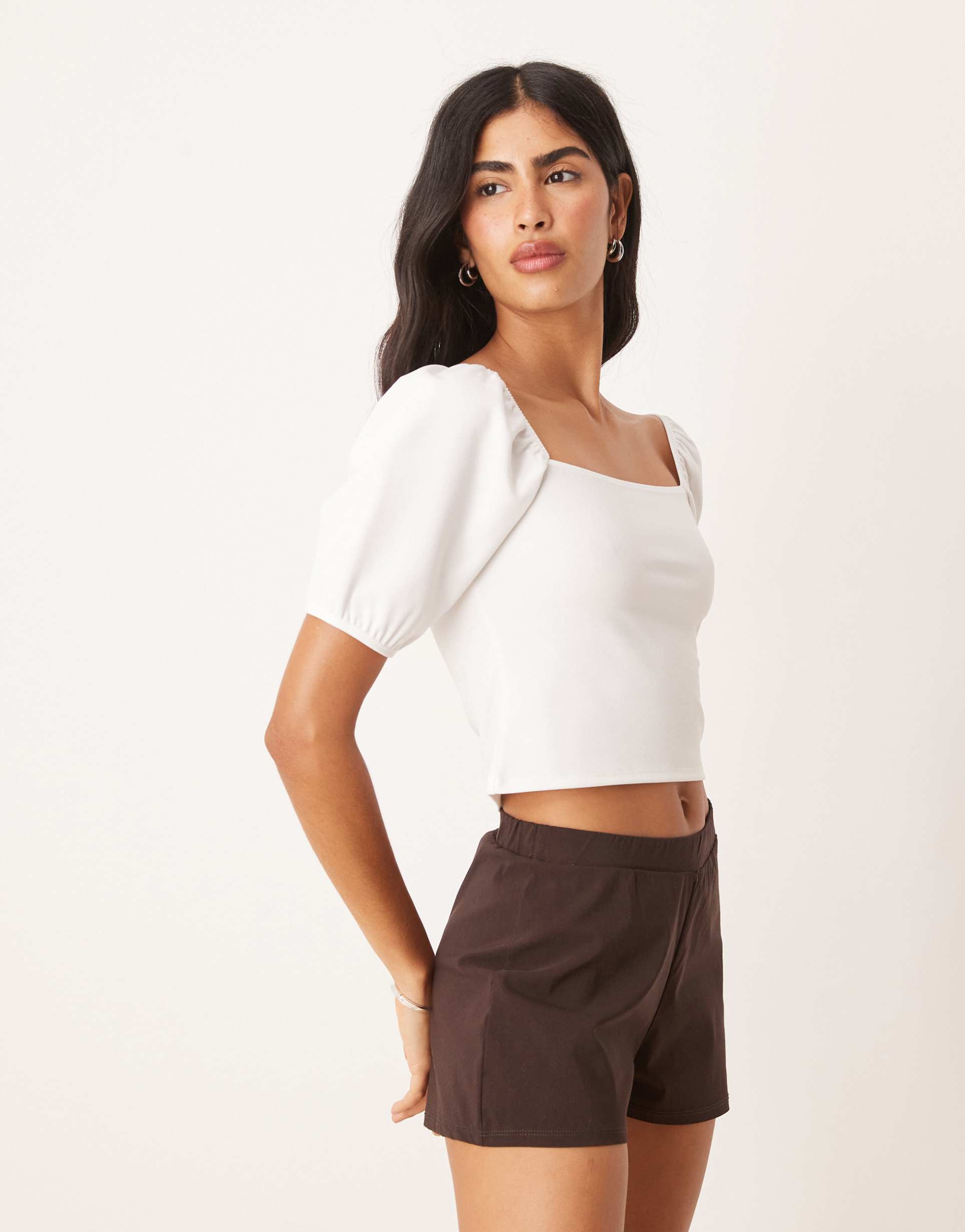 asos design bardot puff sleeve top in cream